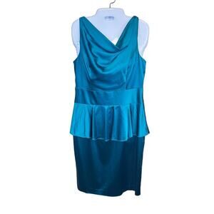 Jones‎ New York Teal Satin Draped Neck Peplum Sleeveless Cocktail Dress Sz 10